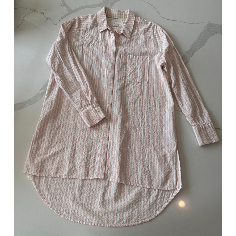 Anthropologie Striped Button Down Tunic Shirt Pink White High Low Hem Small